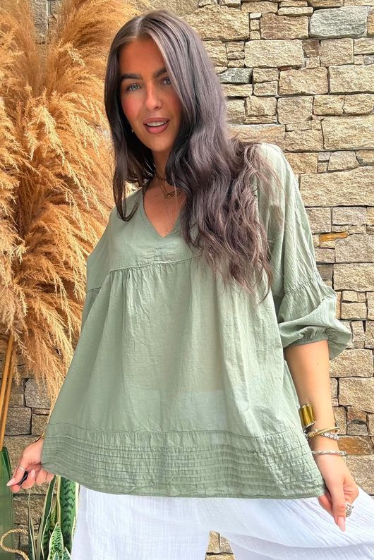 Prairie Pintuck Cotton Smock Khaki